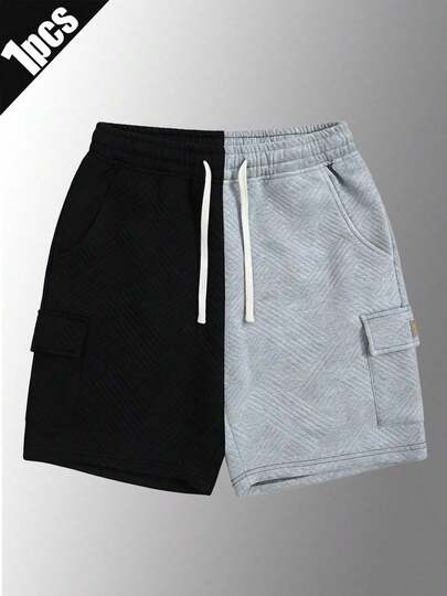 2026夏季新款男士黑灰拼接菱形绗缝抽绳口袋宽松街头休闲短裤