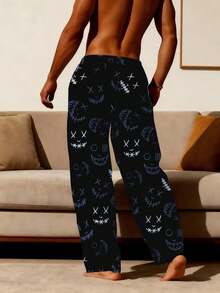 Men's Black Sketch Funny Face Print Casual Pants With Drawstring Waist And Pockets, Suitable For Loungewear Or Sleepwear