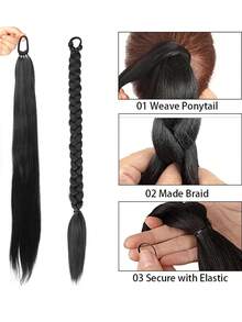 Extensiones de coleta trenzada con banda elástica, extensiones de coleta negras, postizos de coleta para mujeres de 26 pulgadas de largo, rectos, suaves, de fibra sintética natural resistente al calor (color del cabello: negro natural, marrón claro, marrón oscuro, negro parduzco) - Multicolor - Ver 4