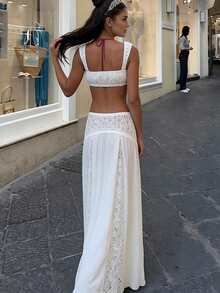 Women 2 Piece Cover Up Set Tie-Up Cami Tops And Patchwork Lace Low Rise Long Skirt For Beach Party - White - View 6