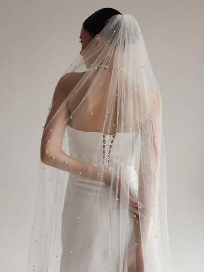 1pc Ivory White Bridal Veil With Pearl Beading, Simple Bridal Veil For Wedding Party, Civil Ceremony, Photography Props