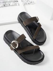New Fashion Metal Buckle Decor, Open Toe, Platform Thick Bottom Slippers, Fashionable Slides, Comfortable Versatile Beach Sandals, Suitable For Daily Wear - Coffee Brown - View 6
