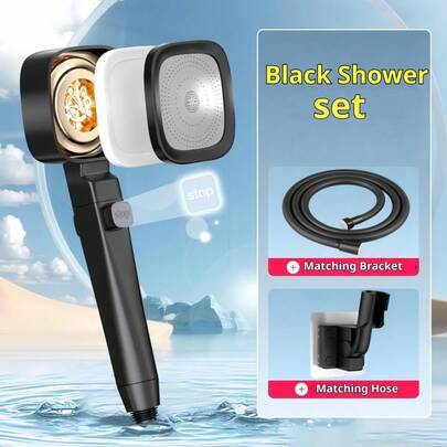 涡轮高压淋浴喷头，4 种模式（雨淋/脉冲/混合/喷射），增加水压，空气系统带来柔和水流，99% 以上防锈过滤器，10 层电镀，3 种颜色可选。