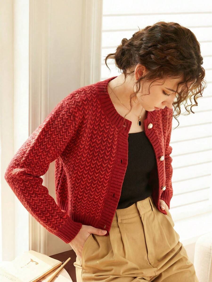 Knit Mix 优雅女士时尚针织开衫，休闲法式长袖圆领毛衣外套，适合圣诞节、感恩节和新年等场合 - 紅色 - 查看 1