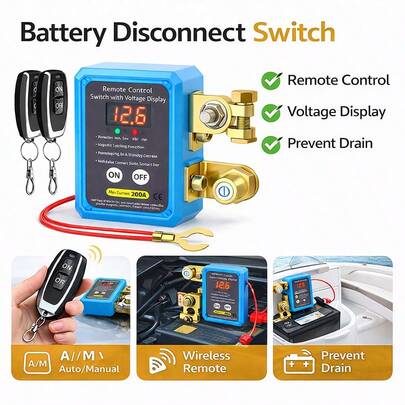 Interruptor maestro de batería de automóvil con control remoto, interruptor de apagado de 240A 12V con pantalla LED de voltaje y desconexión automática de la batería