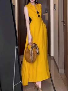 Vestido largo de mujer Vestido sin mangas amarillo de moda, elegante y exclusivo, nuevo en verano, estilo Hong Kong, hermoso vestido largo entallado para mujer - Amarillo - Ver 6