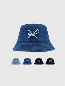 1顶女士蝴蝶结刺绣牛仔布渔夫帽，时尚防晒帽，适合春夏外出佩戴 - 牛仔漁夫蝴蝶結 - 查看 2