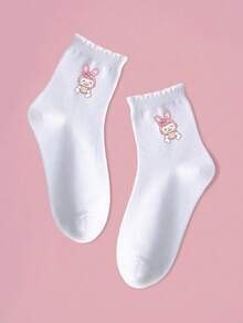 5/1 Pair Girls Casual Mid-Calf Socks, Cute Cartoon Rabbit Ear Decor, Comfortable Breathable Solid Color Socks With Lace Trim, Suitable For Party, Outdoor Activities, Casual Wear, Spring/Summer - White - View 2