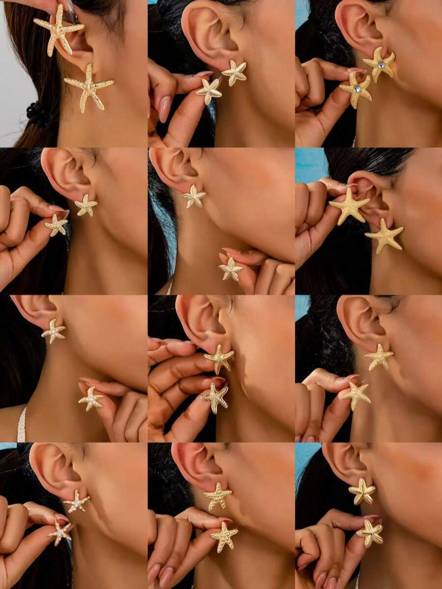 1对时尚优雅的极简主义海星耳钉（女士款） - 海星 - 查看 1