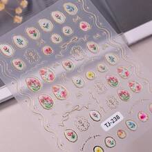 1片青铜色果冻郁金香美甲贴纸，可爱日式花卉珍珠美甲贴纸，5D立体花朵美甲贴花 - 彩色 - 查看 5
