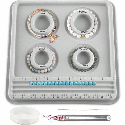 KLONKEE Bead Board Bracelet Sizer Tool, 4 Round Slots, Suitable For Jewelry Making Of Bracelets, Necklaces - Bead Scoop, Big Eye Needles, 0.8mm Crystal Bracelet Beads, Jewelry DIY Set
