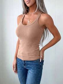 ChicMe Áo Cami nữ cổ chữ U, dây mảnh, chất liệu gân, dáng ôm, đa năng, kiểu racerback, thích hợp mặc hàng ngày, kiểu áo cơ bản. - Màu Khaki - Xem 3
