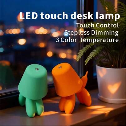 Söt hund LED-skrivbordslampa, uppladdningsbar pekskärmslampa, justerbar heminredningslampa med 3 färger, temperatur och ljusstyrka