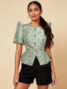 1 Stück modernes Filipiniana Top mit Peplum & Schmetterlingsärmeln, Knopfverschluss, Damen Kurzarm Bluse für Urlaub, Alltag, Date, Reise, Frühling/Sommer - Grün - Übersicht 3