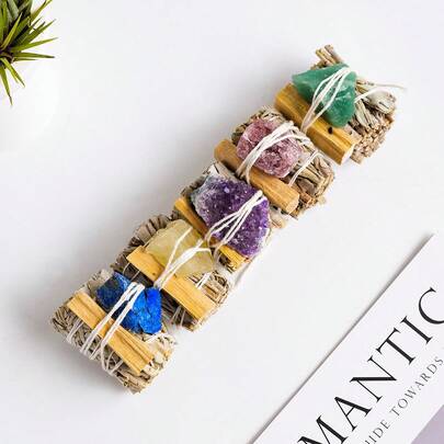 1pc Amethyst Selenite Wand With White Sage& Palo Santo, Natural Rock Crystal Cleansing Stick For Home Purification, Smoky Incense Stick Set