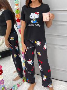 Sanrio Hello Kitty Women's Short Sleeve & Long Pants Sleepwear Set, Lightweight Spring/Summer Pajamas, New Design - Black - View 3