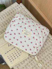 1 pièce Nouveau cadeau de Nouvel An Sac de maquillage en forme de nœud papillon matelassé rouge cerise. Sac cosmétique portable de grande capacité avec fermeture éclair, idéal pour les voyages et les vacances. Peut contenir les serviettes hygiéniques, les clés, les téléphones portables, les chargeurs, les rouges à lèvres, les cosmétiques, les parfums, les pinceaux de maquillage, les produits de soins de la peau et de beauté. Convient aux femmes, aux étudiantes, aux écolières, comme cadeau de fête. - Blanc - Voir 6