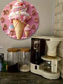 2D Flat Ice Cream Pattern Wooden Wall Clock - Colorful And Detailed Sweet Decor, Suitable For Home, Bedroom Or Kitchen, Battery-Free, 2D Flat Wall Clock, Decorative Wall Clock, Ice Cream Home Decor - Multicolor - View 4