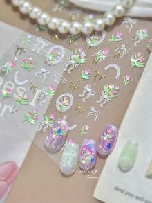1 Sheet Spring Tulip Nail Art Stickers White Lace Bowknot Crystal Nail Stickers 5D Embossed Design Self-Adhesive Nail Art Decoration - Multicolor - View 7