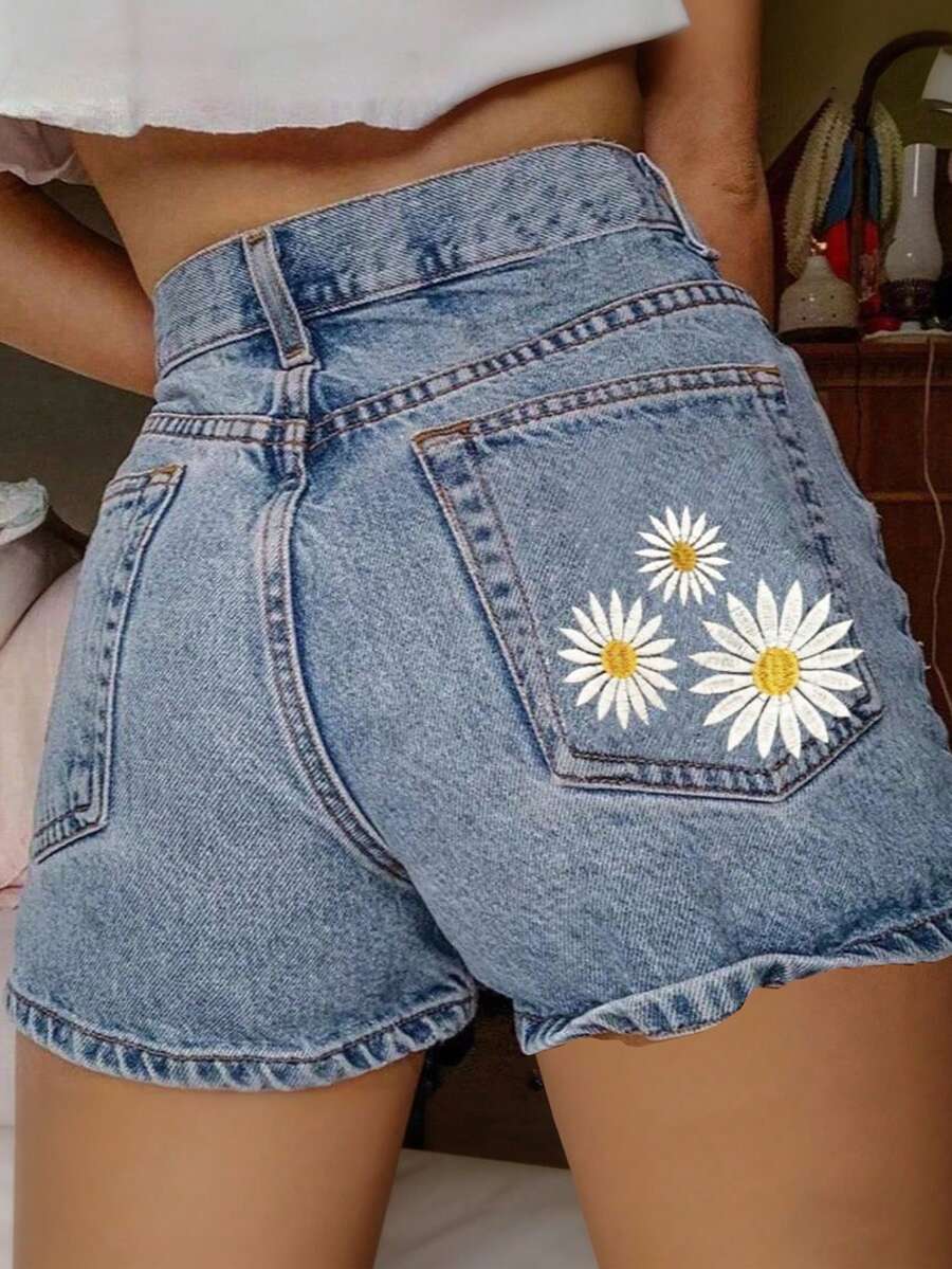 Quần short denim không co giãn dành cho nữ sinh trung học, có túi và thêu họa tiết. - Rửa nhẹ - Xem 1