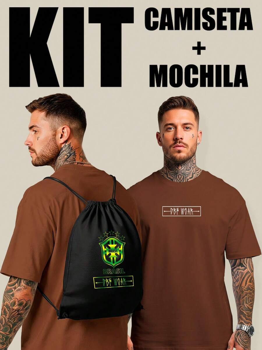 Men's, Women's And Unisex Oversized T-Shirt Kit 100% Premium Cotton + Free Backpack - Urban Streetwear Look, Backpack, Men's And Women's Oversized T-Shirt With Free Bag, Casual, Gringa, Trap Style Backpack, Basic And Comfortable Sweatshirt - Rỉ Nâu - Xem 1