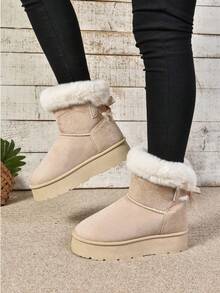 Women's Fashion Versatile Patchwork Metal Buckle Zipper Solid Color Round Toe Short Ankle Buckle Strap Chunky Heel Short Boots, Fashionable Casual Daily Wear, Suede, Autumn/Winter,Fur Boots - 米色 - 查看 3