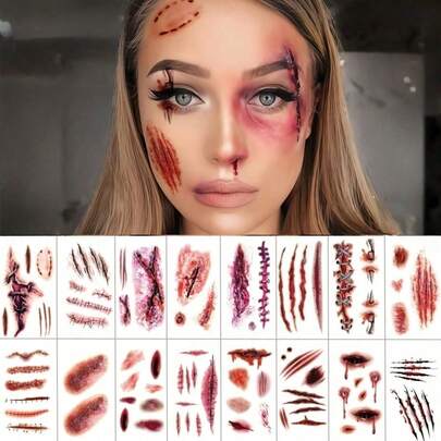 16 ورقة وشم زومبي مقاوم للماء ندبات جرح واقعية مؤقتة ملصق مع خدش جرح دم مزيف علامات عض لزي كرنفال تنكري مكياج صيف كرنفال فاشينج ريف مهرجان عيد الفصح