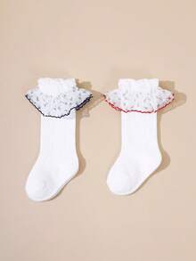 4 Pairs Girls' Lace Trim Dress Socks, Sweet Ballet Socks, Infant Socks - White - View 9