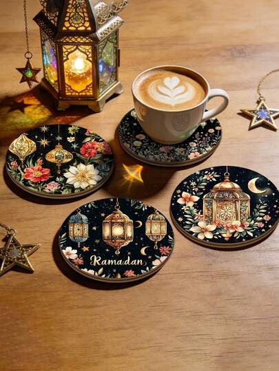 Muggunderlägg med islamiska motiv och Ramadan-tema, med gyllene halvmåne och blomstertryck, halkfria underlägg, kaffekoppunderlägg, värmetåliga och hållbara, för vardagsrum, kök och kontor, presenter till familj, vänner och nära och kära, för Ramadan, Eid Al-Fitr, alla hjärtans dag, jul och Thanksgiving, glad Ramadan!