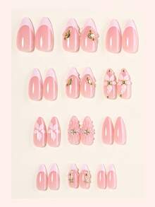 24 piezas de uñas postizas acrílicas francesas con forma de stiletto brillante, de forma de almendra media, decoradas con flores 3D, patrón ondulado, accesorios metálicos y rhinestones, estilo de moda Y2K, adecuadas para uso diario de mujeres y niñas - Multicolor - Ver 2