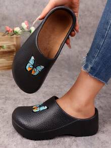 Women's Lightweight EVA Clogs - Soft Sole Flat Shoes, Butterfly Print And Arch Design, Adjustable Strap And Cushioned Insole - Black Multicolor Butterfly Pattern, Suitable For Beach, Garden, Semi-Formal Occasions - All Season Casual And Professional Shoes - Comfortable Round Toe Summer Style, Vibrant Butterfly Pattern, Breathable And Durable EVA Material, Designed For Women - Black - View 1