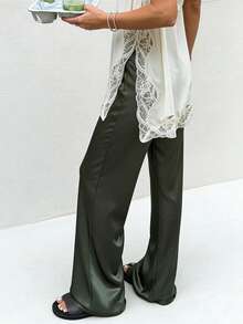 Women's Satin Silk Wide Leg Pants Low Waist Baggy Pants Lounge Bottoms Streetwear - 軍綠色 - 查看 3