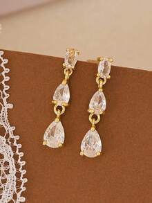 2pcs Teardrop Zirconia Earrings, Elegant Women's Luxury Gold Plated Jewelry, Wedding, Engagement, Anniversary Gift For Girlfriend, Wife - Earring - View 5