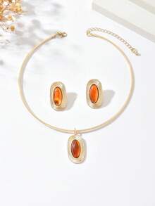 Set de 3 piezas de joyería bohemia vintage con colgante geométrico de resina, conjunto de collar y aretes minimalista elegante con degradado ovalado, adecuado para mujer en uso diario, citas, playa, vacaciones, fiestas, bodas - Marrón - Ver 7