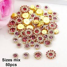 50 piezas/paquete, 8mm, 10mm, 12mm, 14mm, modelos mixtos, brillantes cristales de rhinestones con diseño de flor, base dorada, cristales de rhinestones brillantes adhesivos planos DIY para coser - multicolor - Ver 54