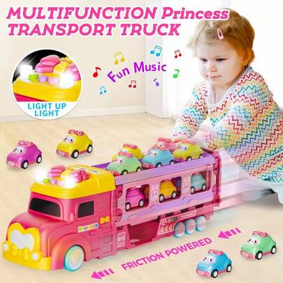 1pc Pink Princess Transport Truck Toy With Expandable Track, Foldable Storage, Lights & Music Effects, Comes With 6 Mini Cars - Great For Birthday Parties, Holidays, Toy Cars Gift For 3-7 Year Old Girls, Christmas/Halloween/Birthday