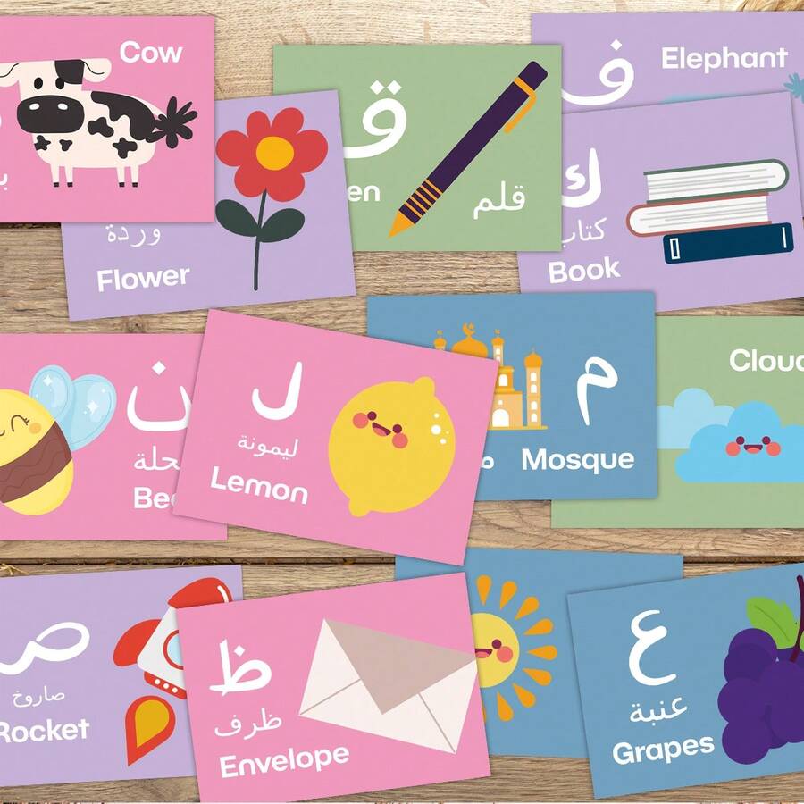 28 piezas Tarjetas didácticas con letras árabes - Diseño de ilustración de dibujos animados lindos, ayudas educativas para principiantes y estudiantes, tarjetas didácticas de escritura árabe, tarjetas de reconocimiento de letras árabes - Multicolor - Ver 1