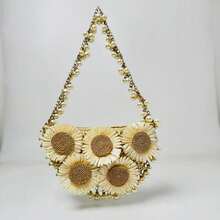 珍珠链饰草编单肩包，女士假日度假包，花朵装饰草编单肩包，夏季海滩旅行度假、户外活动、假日必备 - 米色 - 查看 8