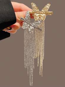 Shiny Butterfly Metallic Tassel Barrette, Korean Minimalist Style Bangs Clip Side Hair Clip Accessories - Multicolor - View 2