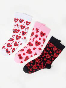 2/3 Pairs Women's Mid-Calf Socks, Cute Heart Design, Unique Personalized, Couples Socks For Valentine's Day, Fashionable & Versatile - Multicolor - View 1