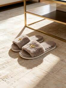 Premium Fashion Heart Decor Plush Slippers For Women, Soft & Comfortable Soft-Sole Lightweight, Suitable For Living Room & Bedroom, All Season - Coffee Brown - View 9