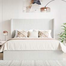 Allewie Full/Queen/King Size Lift-Up Storage Bed Frame With Modern Wingback Headboard, Corduroy Upholstered Platform Bed, Hydraulic Gas Lift Support, Underbed Storage, Wooden Slats, No Box Spring Needed, White - 白色 - 查看 8