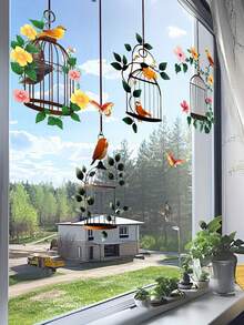 Bộ 1 miếng dán cửa sổ hình giỏ treo, lồng chim, bướm và hoa theo phong cách tối giản sáng tạo, trang trí phòng ngủ và phòng khách, trang trí tường, họa tiết chim và bướm mùa xuân. - Nhiều màu - Xem 10