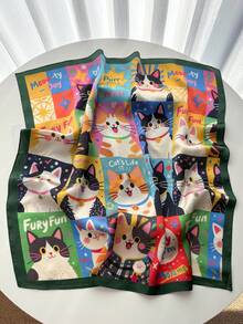 1 chiếc khăn lụa vuông in họa tiết 70*70cm dành cho nữ, phụ kiện thời trang. - Mèo xanh - Xem 2