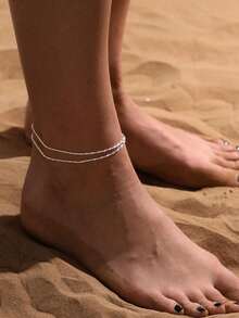 1条简约不锈钢双层脚链，沙滩风不褪色链条脚链，时尚百搭性感，适合派对、海滩、度假，是理想的夏季礼物。 - 銀色 - 查看 3