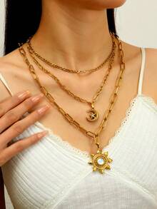 3件套优雅不锈钢女士项链套装，饰有雪花、星星和月亮元素，适合女性日常佩戴、节日、情人节、约会、订婚、婚礼等场合搭配。 - 金色 - 查看 5