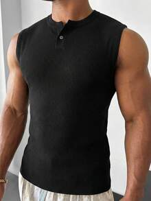 男士春夏亨利领无袖罗纹针织修身复古绅士风休闲百搭日常针织背心，设计师男士针织背心 - 黑色 - 查看 2