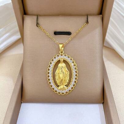 1件复古优雅镂空圣母玛利亚泪滴形铜吊坠项链，配闪亮立方氧化锆不锈钢链，日常佩戴、主题派对、祝福祈祷饰品，生日、节日、周年纪念日礼物，送给家人、朋友、爱人