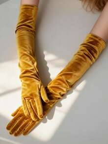 一双女士黑色天鹅绒手套，性感迷人，适合晚宴和舞会。 - 黃色 - 查看 3