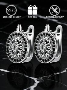 1 đôi bông tai nữ bằng bạc Sterling S925, họa tiết hoa cổ điển, đính toàn bộ kim cương đen hình bầu dục, hộp quà tặng, thích hợp làm quà sinh nhật cho bạn gái/bạn thân, phong cách retro sang trọng, trang sức đeo hàng ngày/hẹn hò. - Bạc - Xem 1
